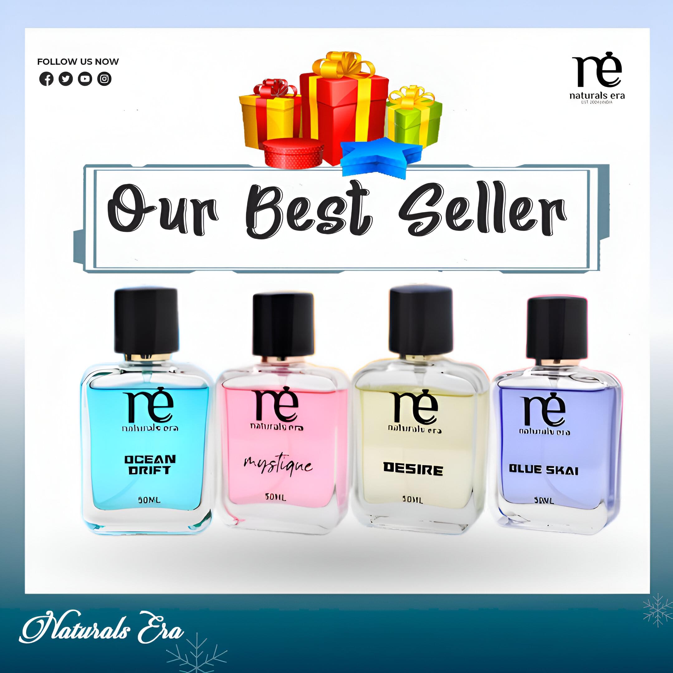 Perfume gift set with Ocean Drift, Mystique, Blue Skai, and Desire – 200ml total